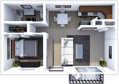 a 3d rendering of our 1 bedroom apartment at the crossings at white marsh apartments in white